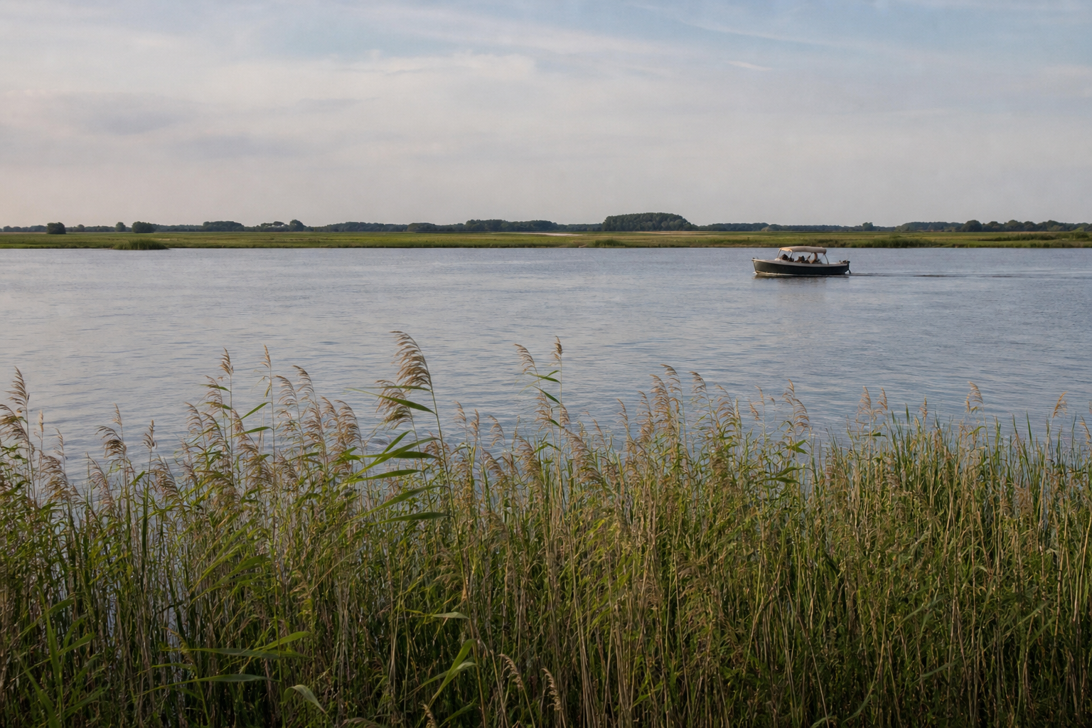 Kleines offenes Motorboot faehrt in der Ferne ueber ruhiges Wasser hinter einem Schilfguertel