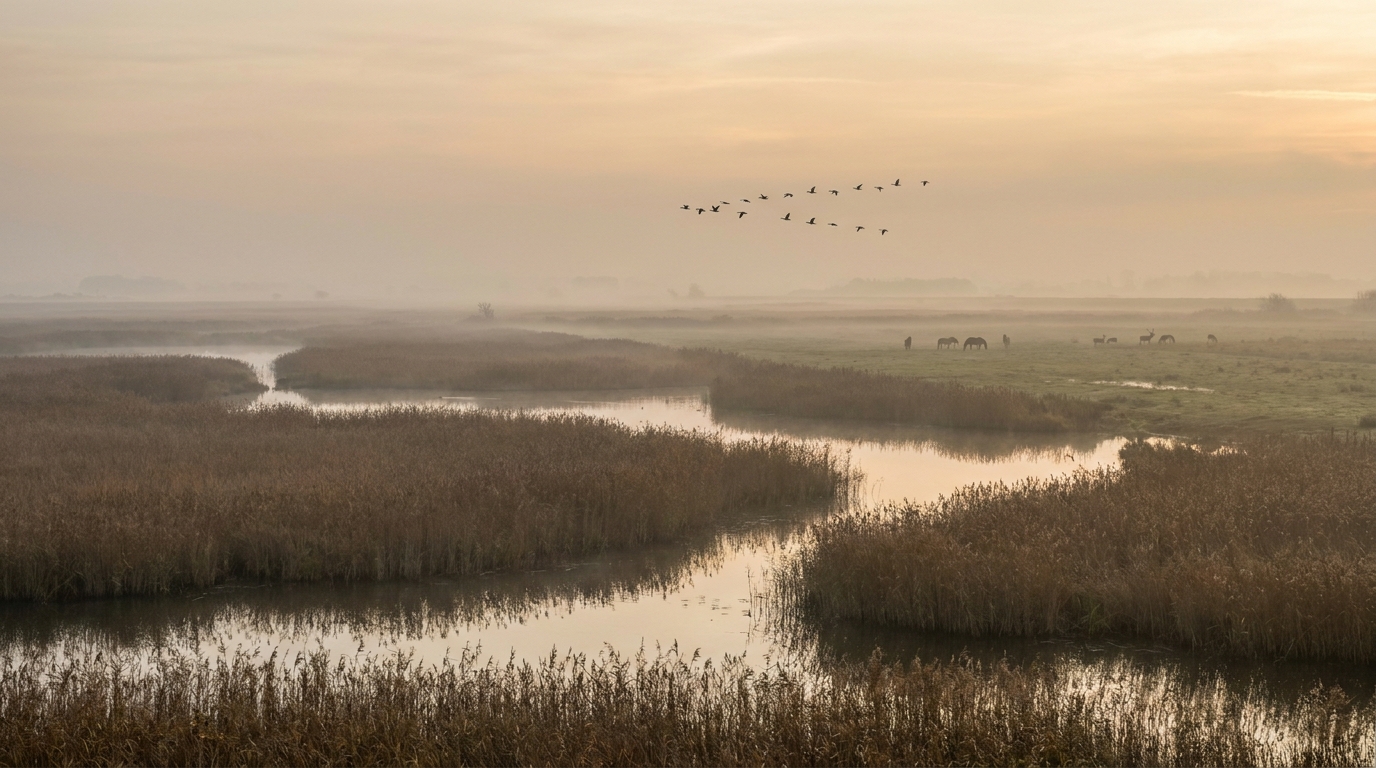 Herbstliche Feuchtlandschaft mit Schilf und Wasser im Morgennebel, Wildpferde und Hirsche in der Ferne, Gänse am Himmel