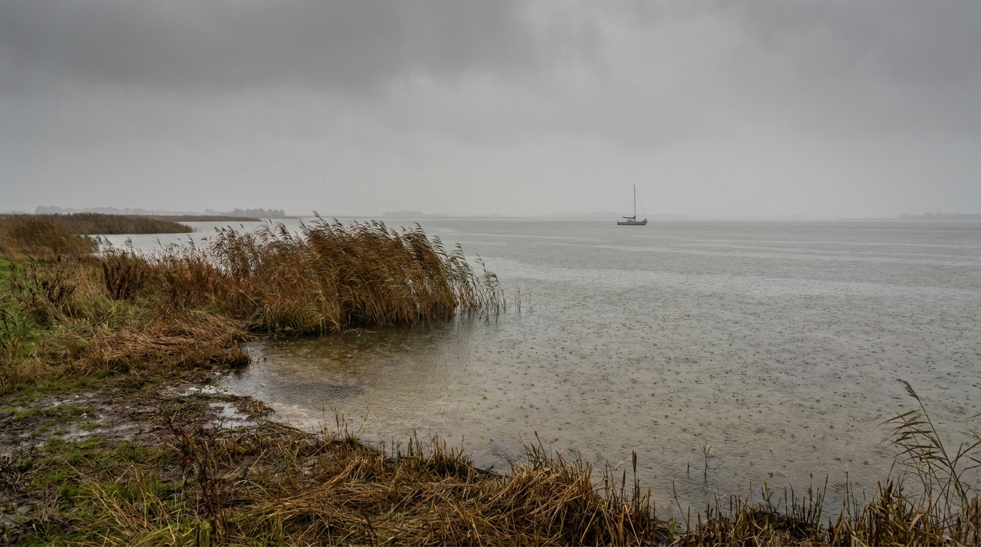 Regen über dem flachen Veluwemeer mit Schilf im Vordergrund und einem Segelboot im Dunst