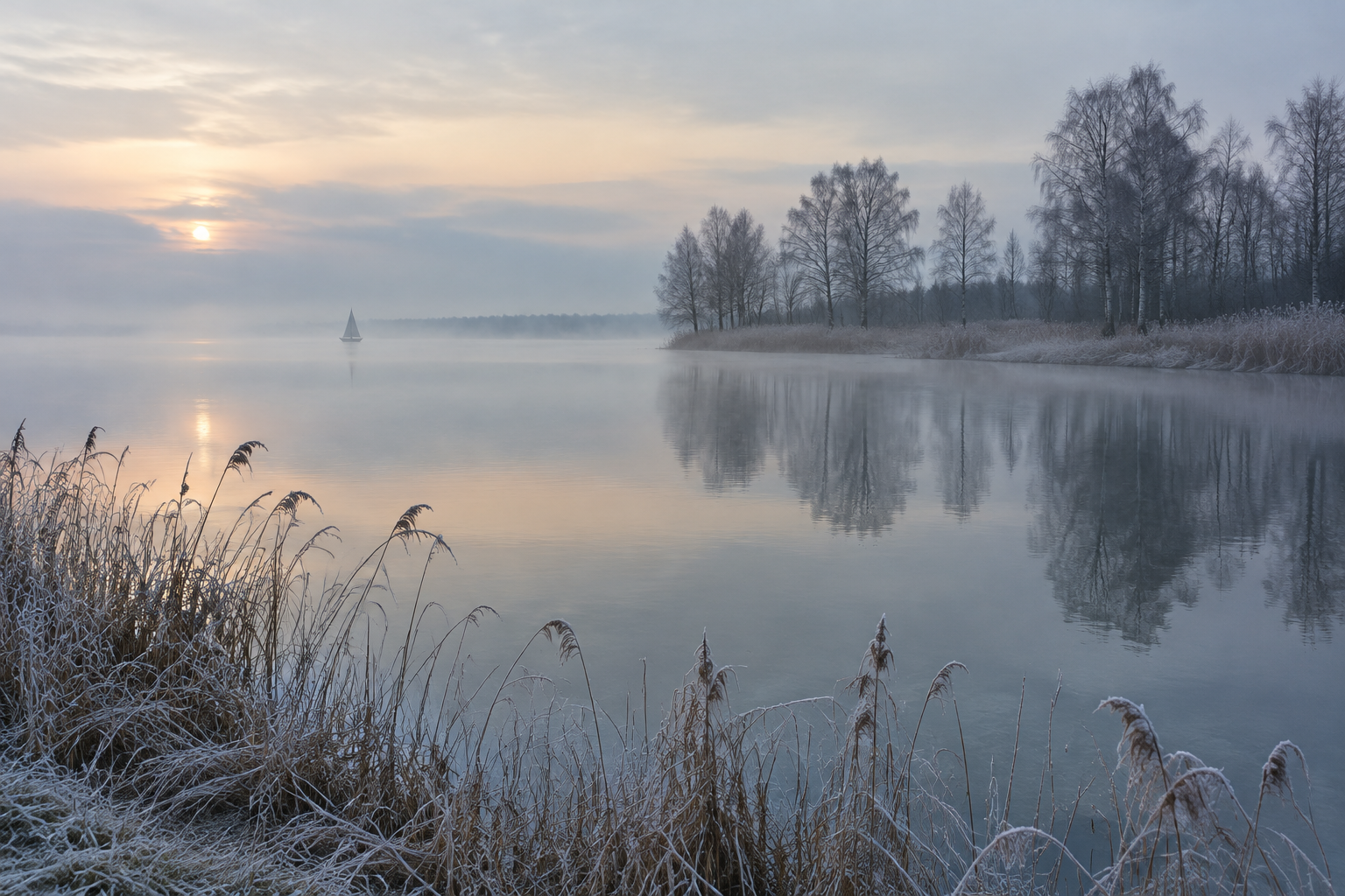 Frostiges Schilf am Ufer eines ruhigen Sees im Morgennebel, im Hintergrund kahle Birken